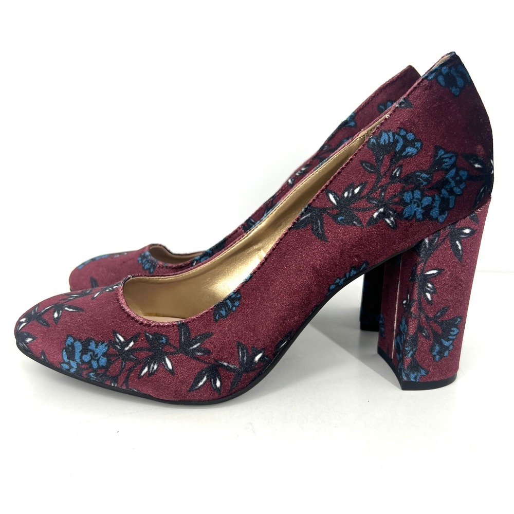 Libby Edelman Sean Burgundy Floral Velvet Block Heel Pumps Shoes Womens Size 8M